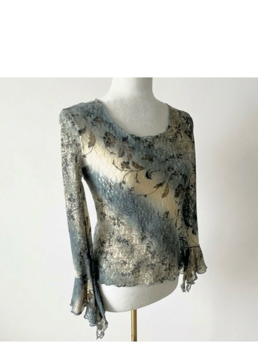 Sheer Lace Blouse, Floral Mesh, Bell Sleeve, Blue Grey & Brown Romantic Vintage